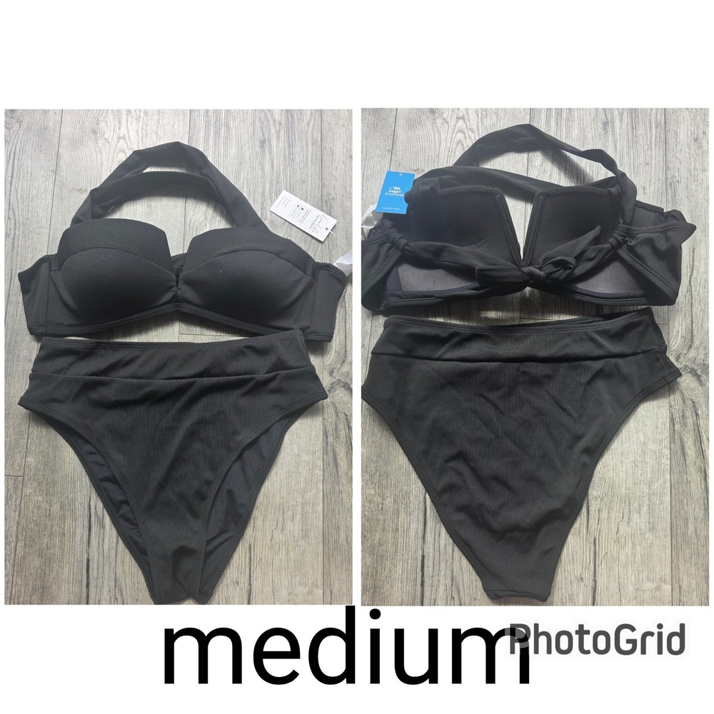 CUPSHE Bikini Swimsuit High Waist Molded Cups cross back Tie Black Size Medium - Picture 8 of 8